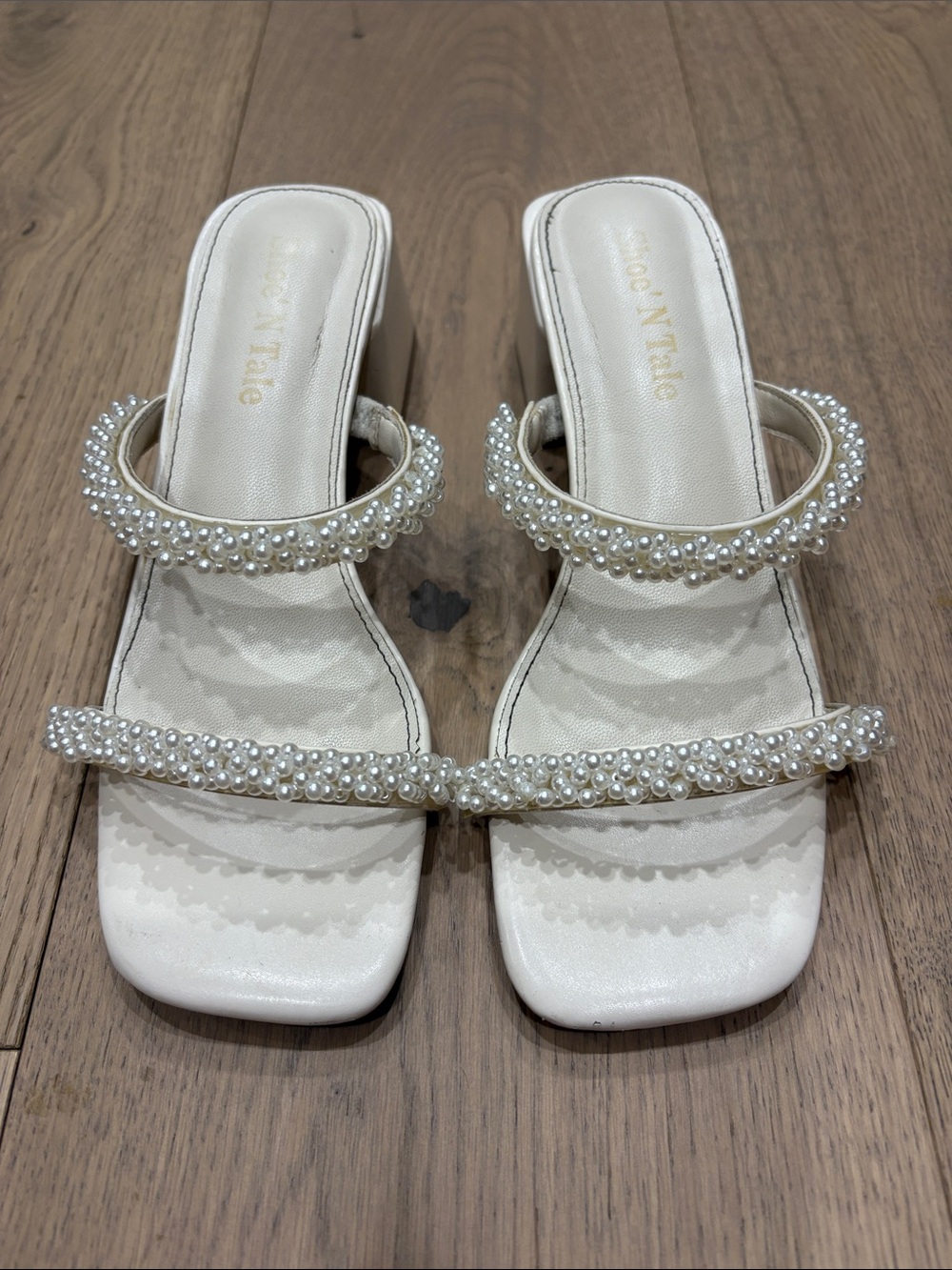 Beige Pearl-Embellished Slide Sandals